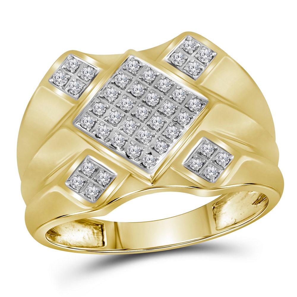 GND Men's Big Look Rings 10kt Yellow Gold Mens Round Diamond Diagonal Square Cluster Ring 1/3 Cttw