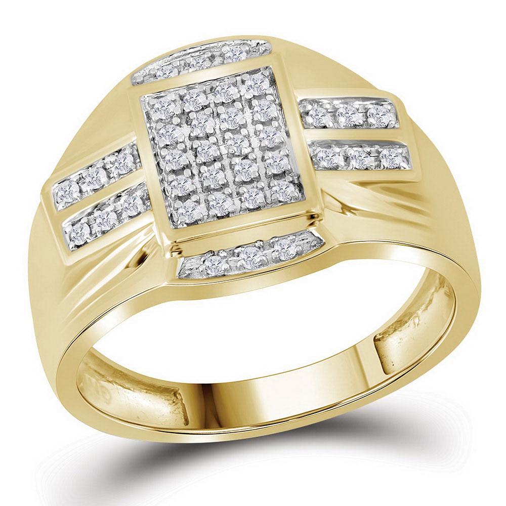 GND Men's Big Look Rings 10kt Yellow Gold Mens Round Diamond Rectangle Cluster Ring 1/4 Cttw
