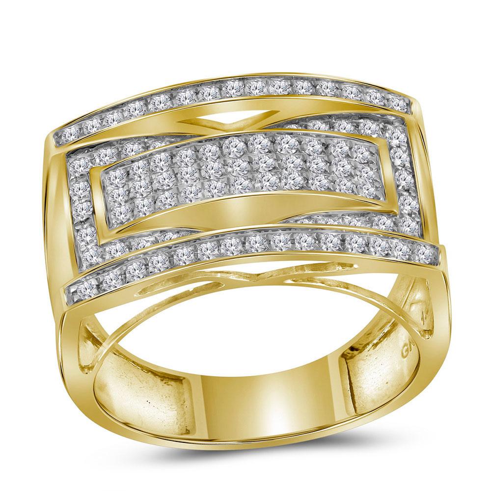 GND Men's Big Look Rings 10kt Yellow Gold Mens Round Pave-set Diamond Rectangle Cluster Ring 1 Cttw