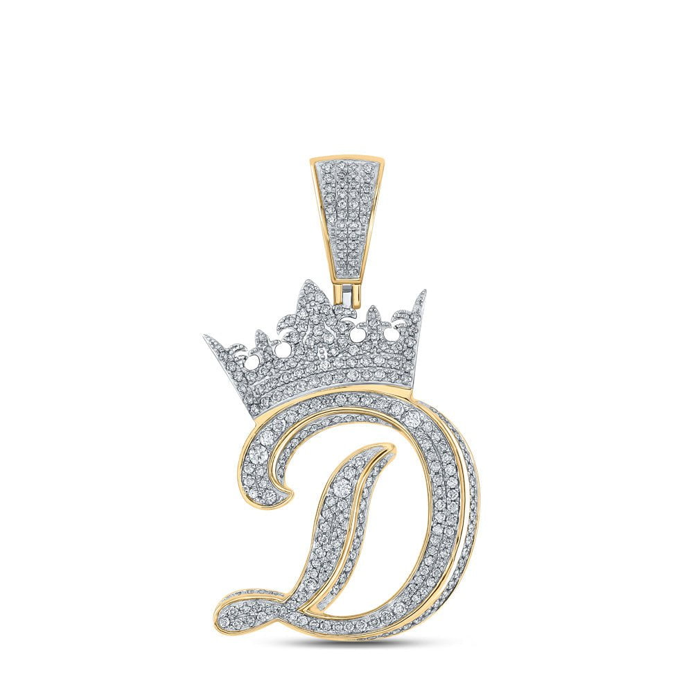 GND Men's Diamond Charm Pendant 10kt Two-tone Gold Mens Round Diamond Crown D Letter Charm Pendant 1-5/8 Cttw