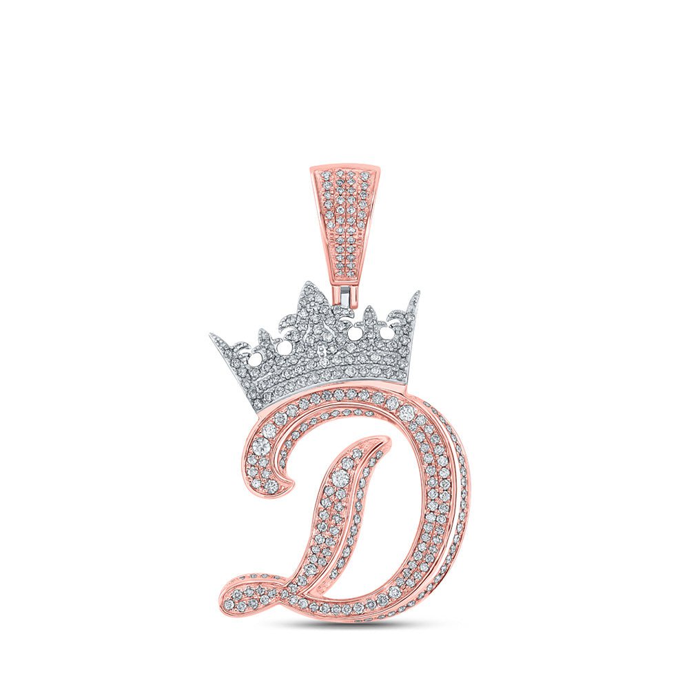 GND Men's Diamond Charm Pendant 10kt Two-tone Gold Mens Round Diamond Crown D Letter Charm Pendant 1-5/8 Cttw