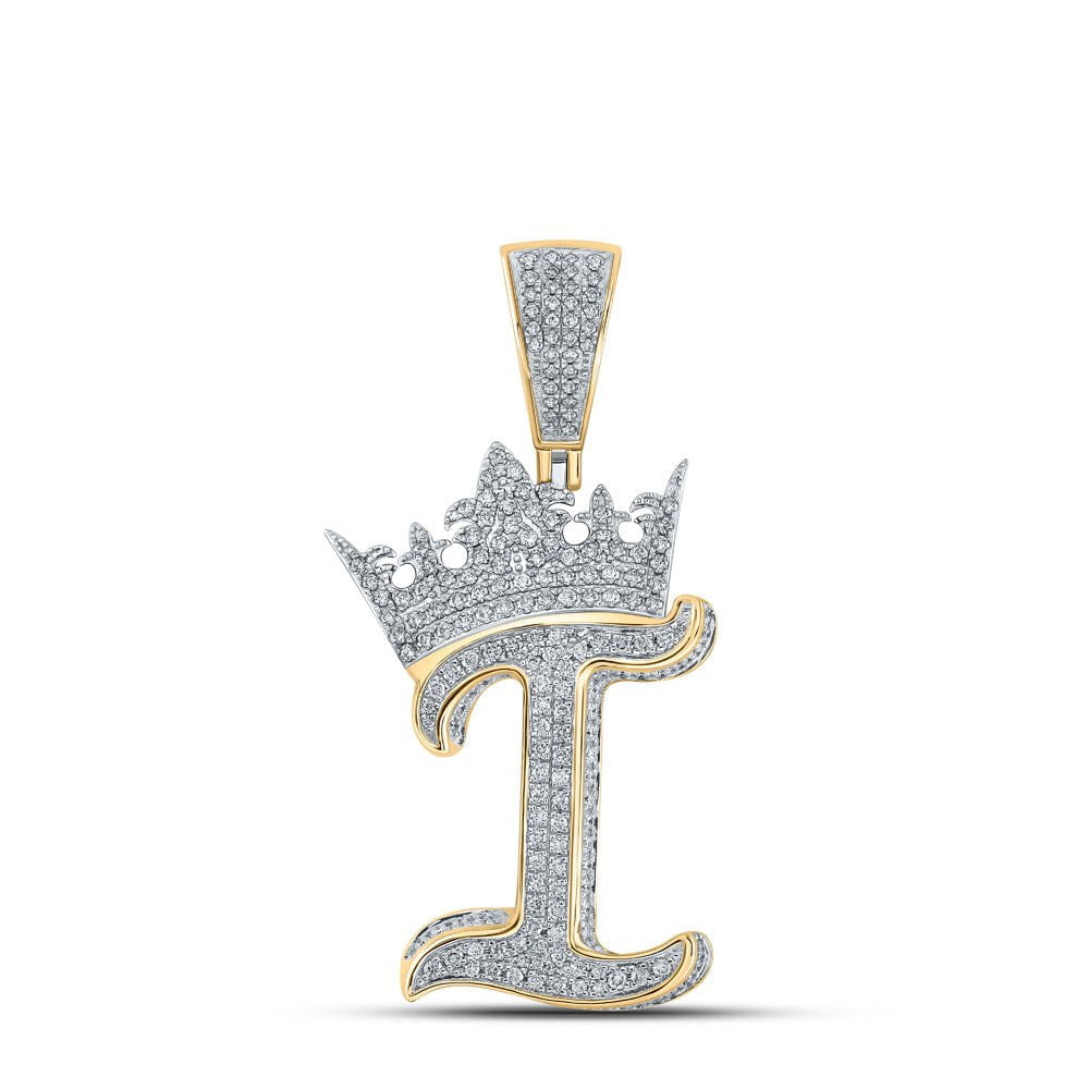 GND Men's Diamond Charm Pendant 10kt Two-tone Gold Mens Round Diamond Crown I Letter Charm Pendant 1-1/3 Cttw