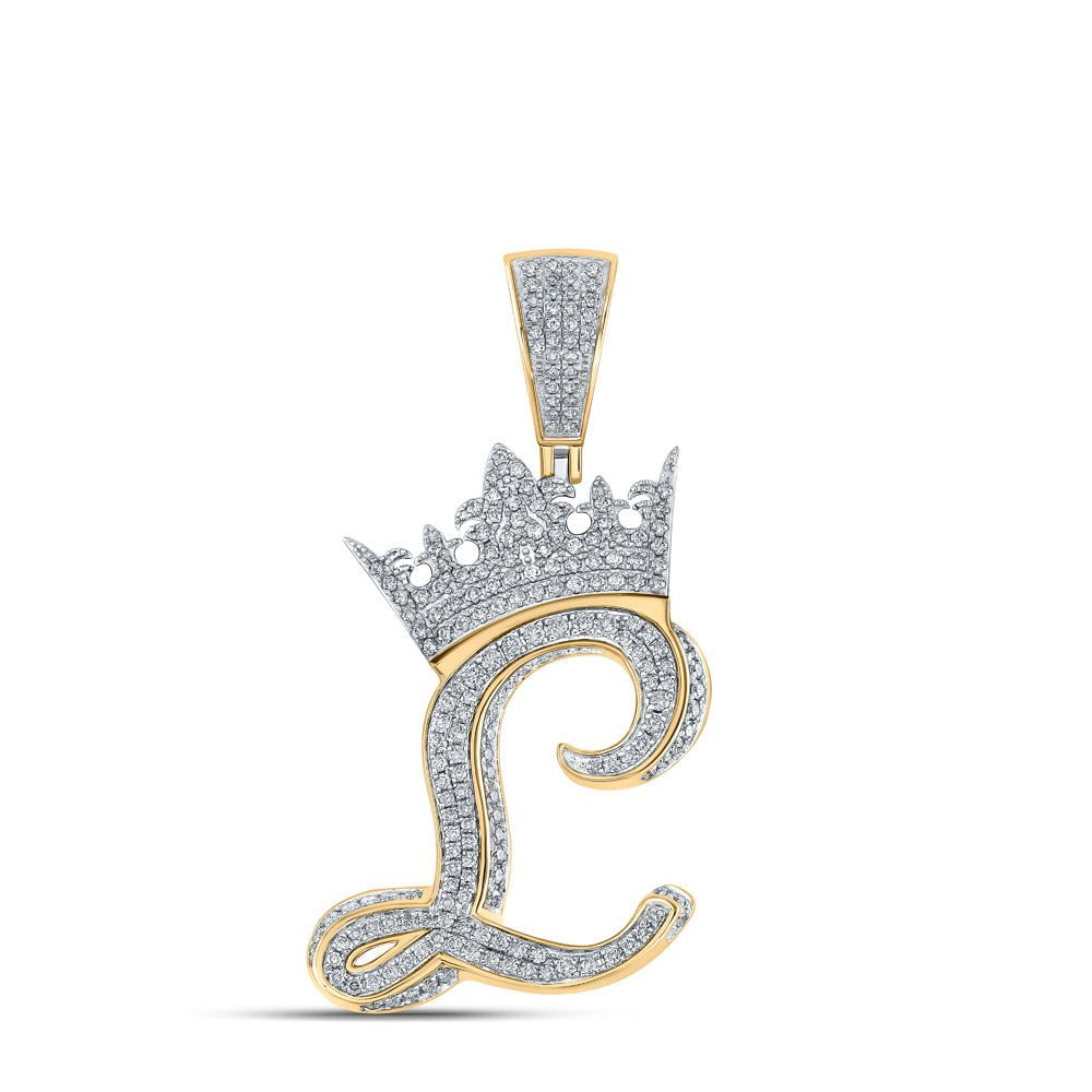 GND Men's Diamond Charm Pendant 10kt Two-tone Gold Mens Round Diamond Crown L Letter Charm Pendant 1-1/2 Cttw
