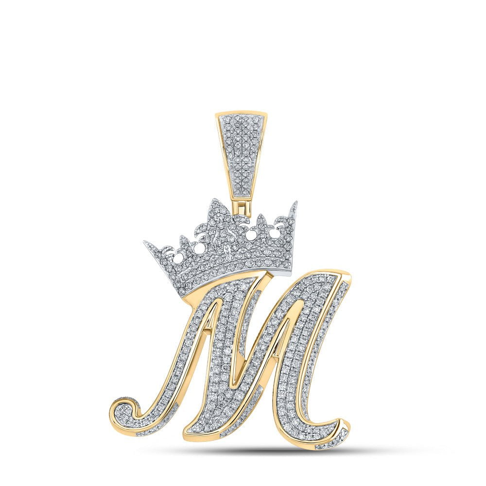 GND Men's Diamond Charm Pendant 10kt Two-tone Gold Mens Round Diamond Crown M Letter Charm Pendant 1-3/4 Cttw