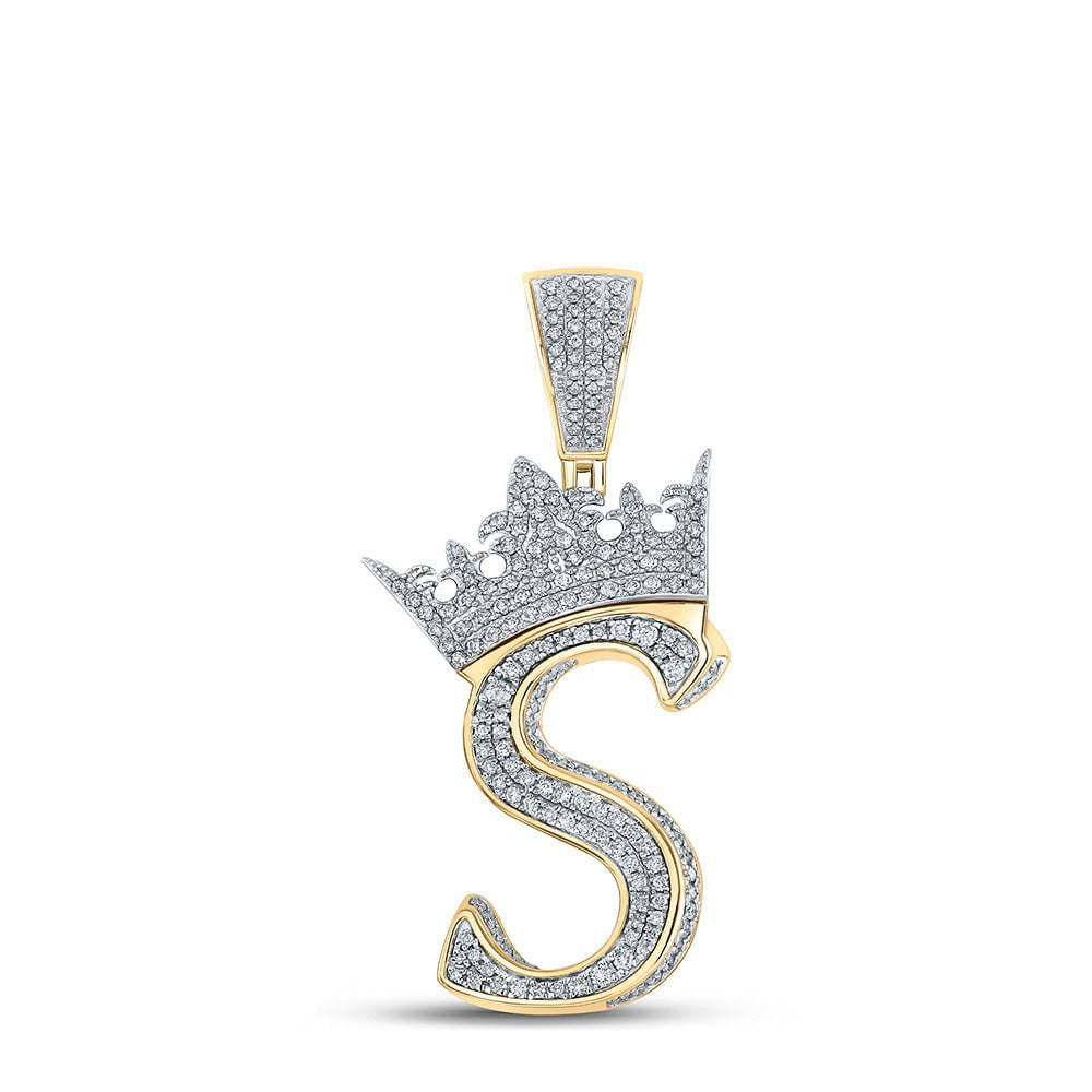 GND Men's Diamond Charm Pendant 10kt Two-tone Gold Mens Round Diamond Crown S Letter Charm Pendant 1-1/5 Cttw
