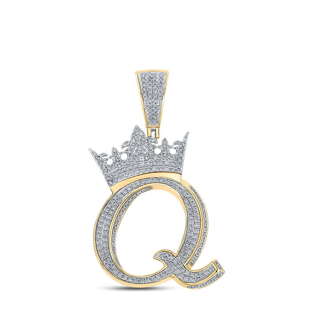 GND Men's Diamond Charm Pendant 10kt Two-tone Gold Mens Round Diamond Q Crown Letter Charm Pendant 1-3/8 Cttw