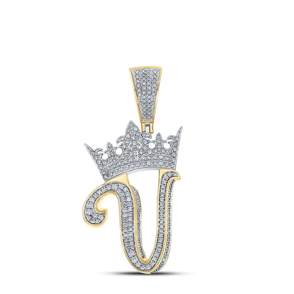 GND Men's Diamond Charm Pendant 10kt Two-tone Gold Mens Round Diamond V Crown Letter Charm Pendant 1-1/5 Cttw