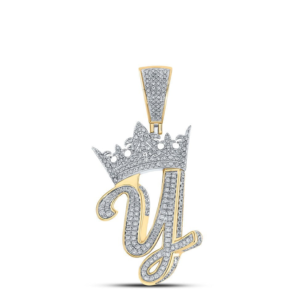 GND Men's Diamond Charm Pendant 10kt Two-tone Gold Mens Round Diamond Y Crown Letter Charm Pendant 1-1/4 Cttw