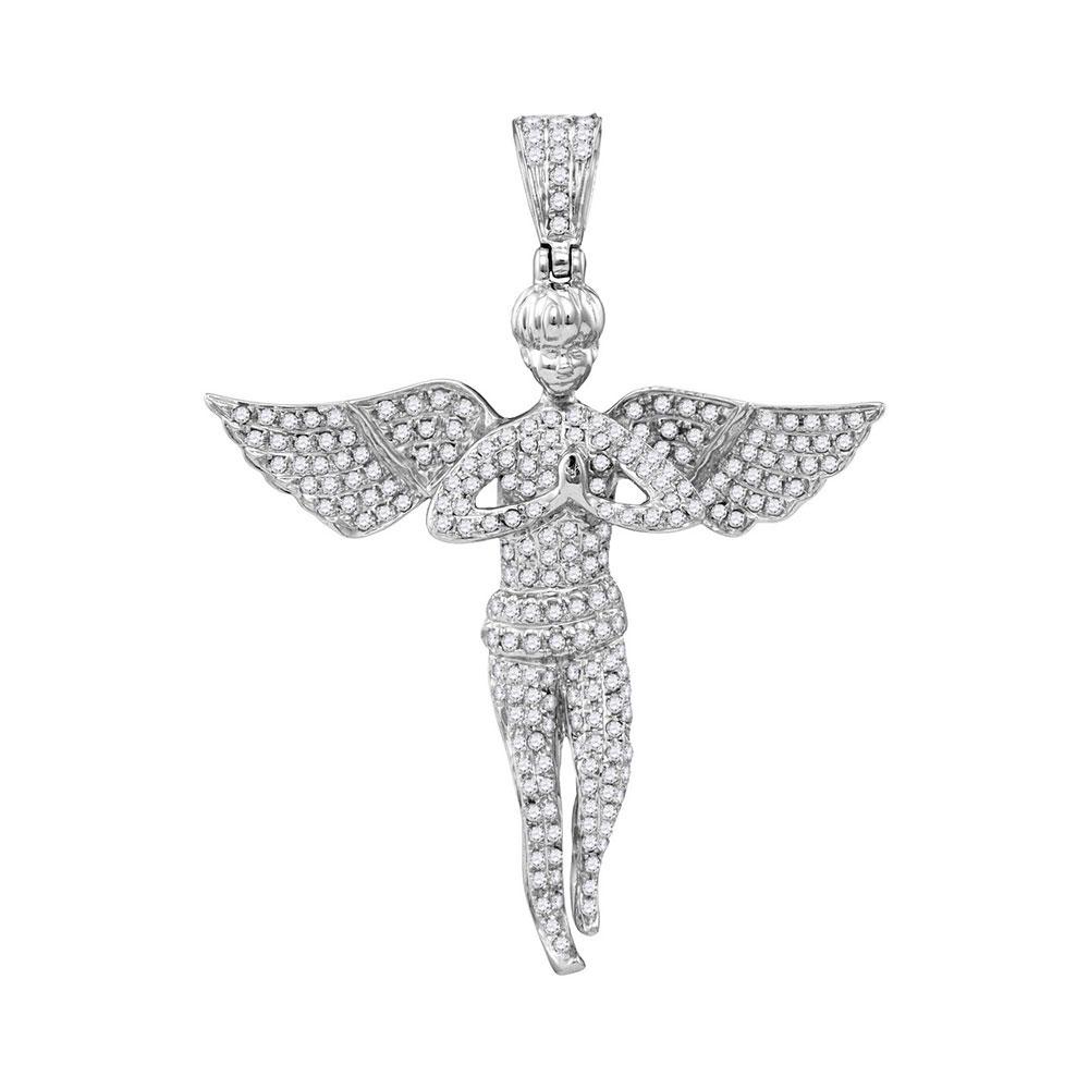 GND Men's Diamond Charm Pendant 10kt White Gold Mens Round Diamond Angel Wings Religious Charm Pendant 1 Cttw