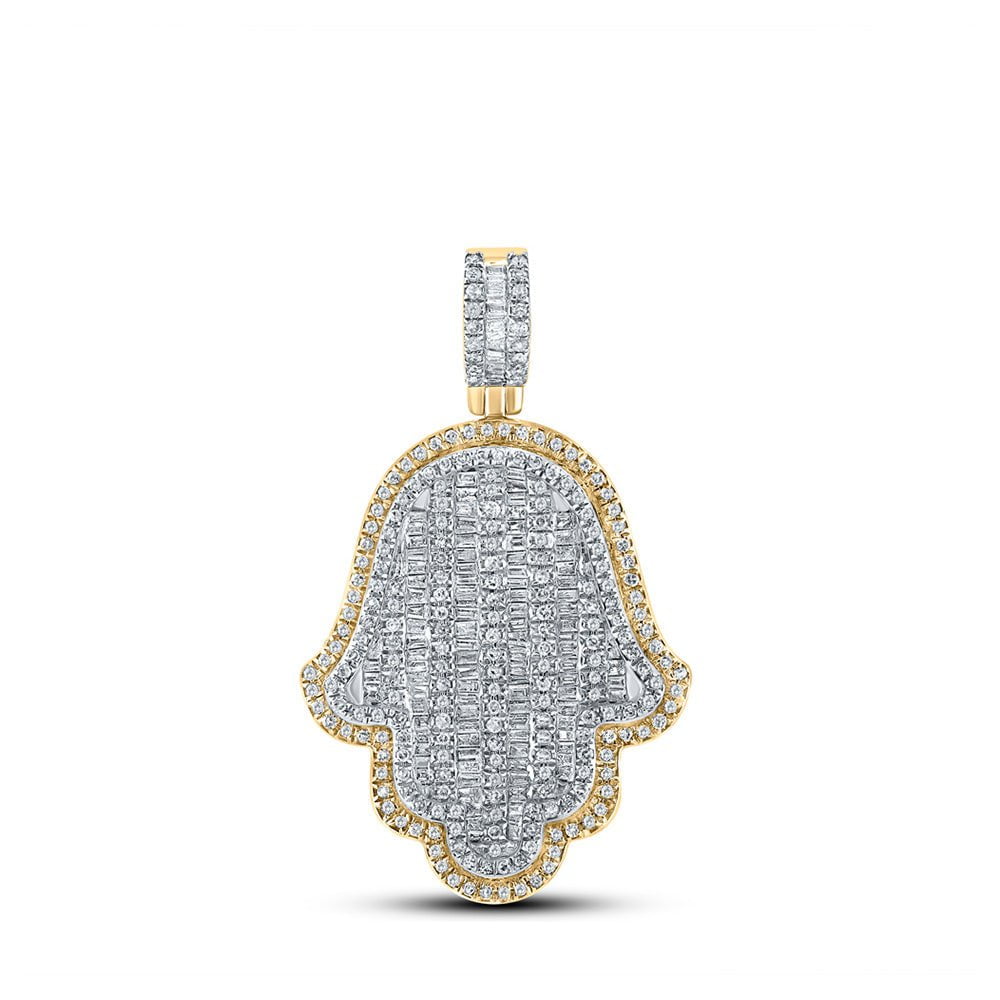 GND Men's Diamond Charm Pendant 10kt Yellow Gold Mens Baguette Diamond Hamsa Charm Pendant 1-1/3 Cttw