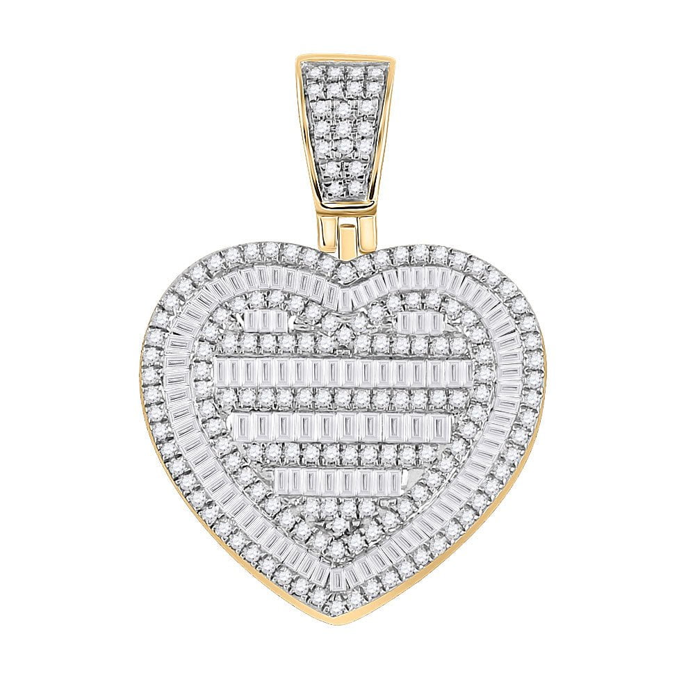 GND Men's Diamond Charm Pendant 10kt Yellow Gold Mens Baguette Diamond Heart Charm Pendant 1-1/3 Cttw