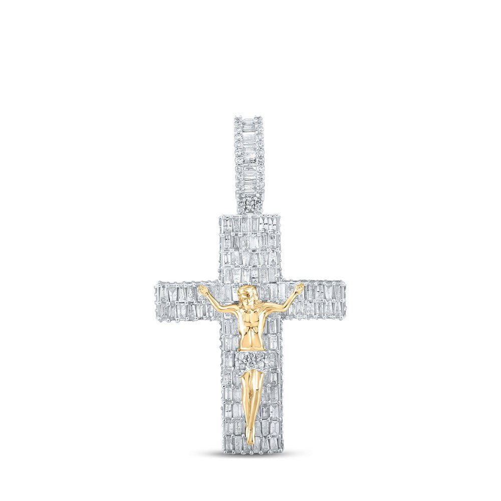 GND Men's Diamond Charm Pendant 10kt Yellow Gold Mens Baguette Diamond Jesus Cross Charm Pendant 3-7/8 Cttw