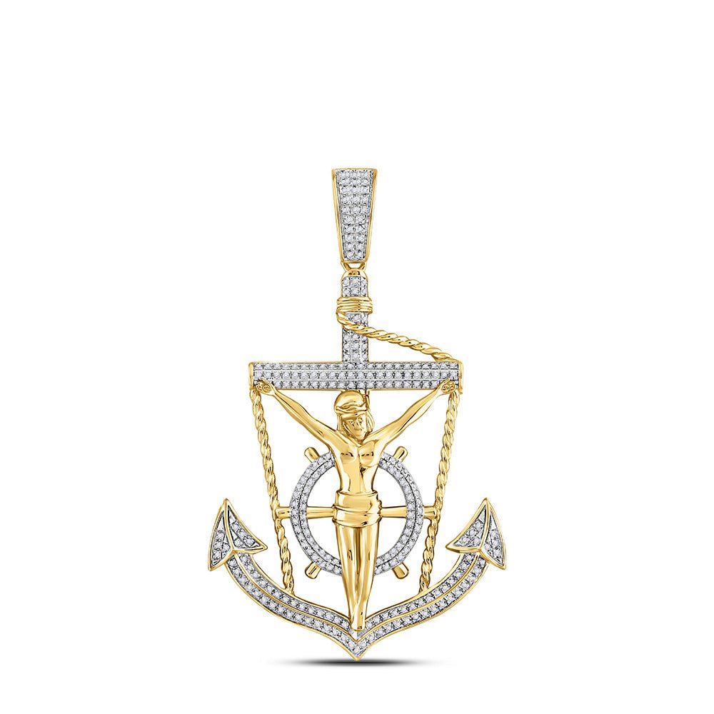 GND Men's Diamond Charm Pendant 10kt Yellow Gold Mens Round Diamond Anchor Jesus Cross Charm Pendant 1/2 Cttw
