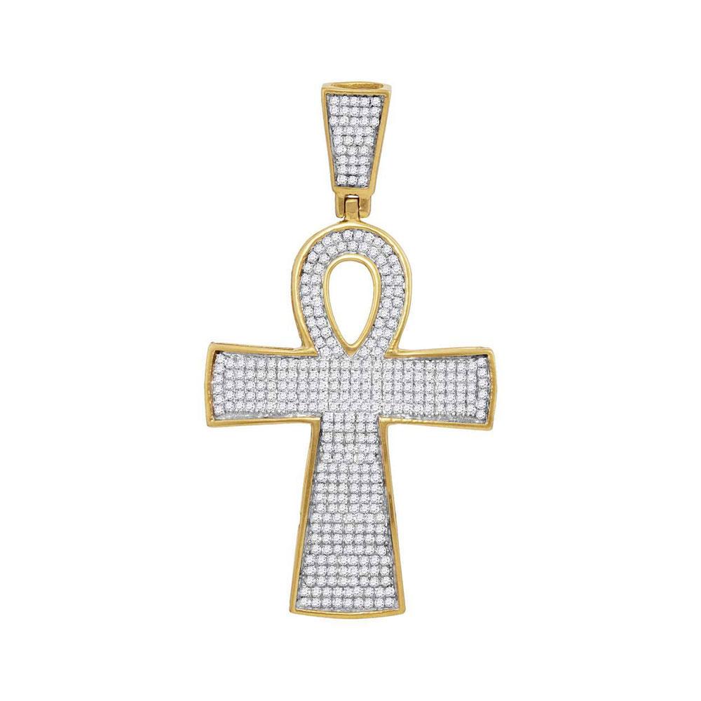 GND Men's Diamond Charm Pendant 10kt Yellow Gold Mens Round Diamond Ankh Cross Religious Charm Pendant 3/4 Cttw