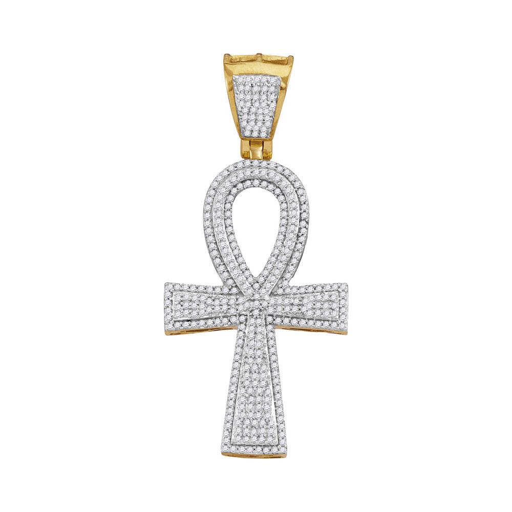 GND Men's Diamond Charm Pendant 10kt Yellow Gold Mens Round Diamond Ankh Flared Cross Charm Pendant 1 Cttw