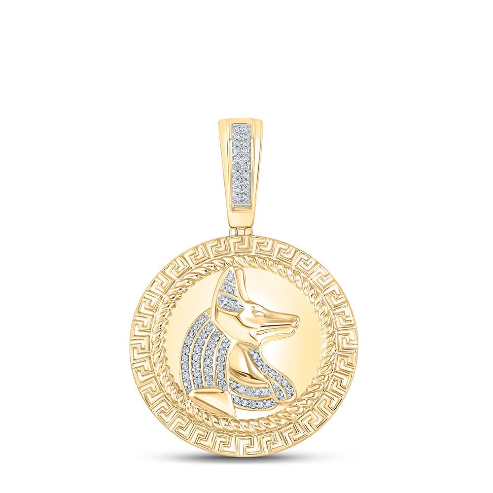 GND Men's Diamond Charm Pendant 10kt Yellow Gold Mens Round Diamond Anubis Egypt Circle Charm Pendant 1/5 Cttw