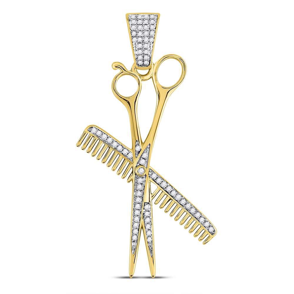 GND Men's Diamond Charm Pendant 10kt Yellow Gold Mens Round Diamond Barber Scissors Comb Clippers Charm Pendant 1/3 Cttw