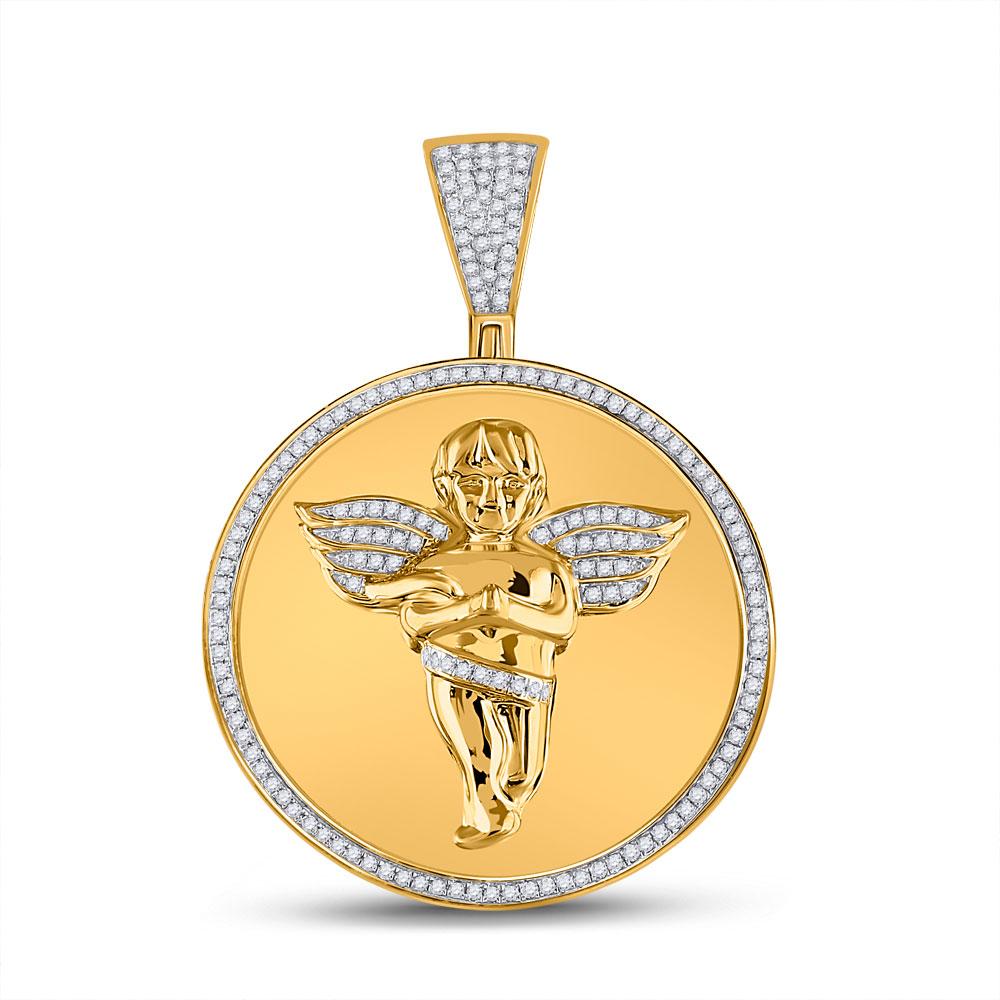 GND Men's Diamond Charm Pendant 10kt Yellow Gold Mens Round Diamond Circle Angel Cherub Medallion Charm Pendant 1/2 Cttw