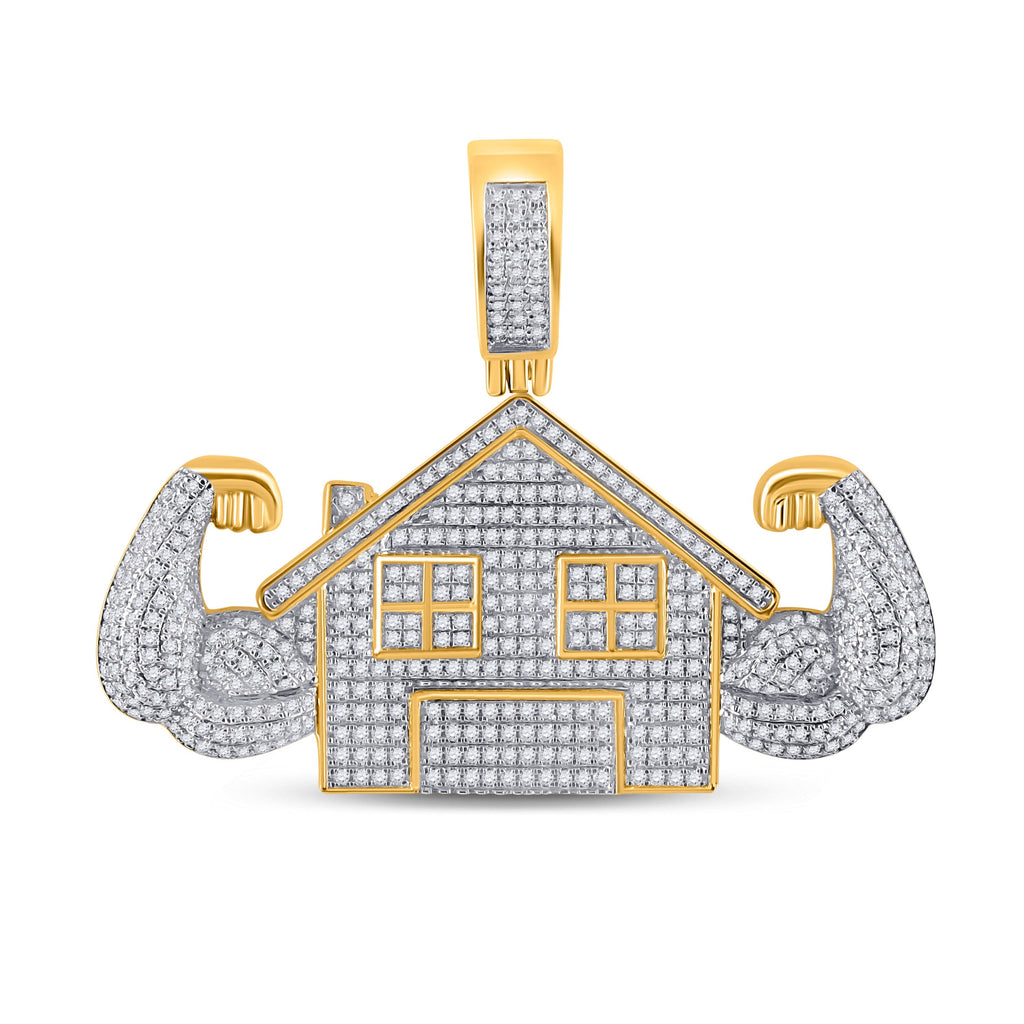 GND Men's Diamond Charm Pendant 10kt Yellow Gold Mens Round Diamond Flex Trap House Charm Pendant 1-1/2 Cttw