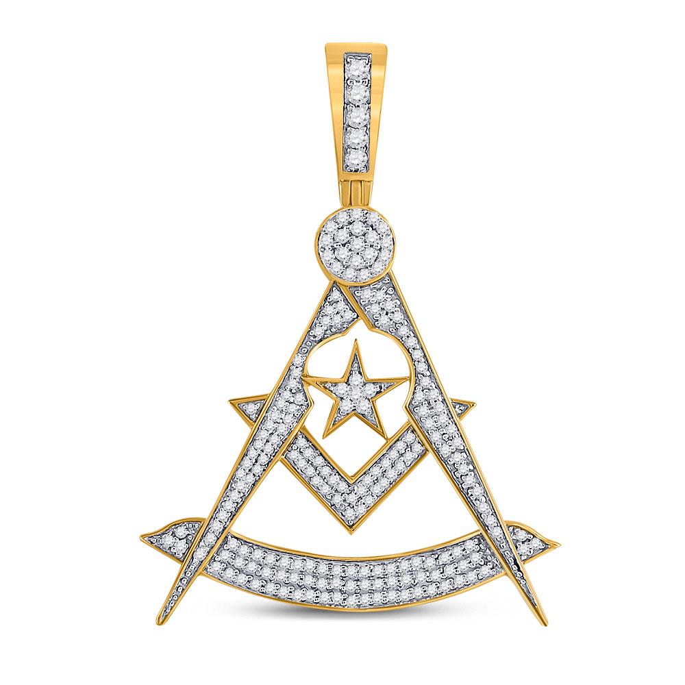 GND Men's Diamond Charm Pendant 10kt Yellow Gold Mens Round Diamond Freemason Compass Charm Pendant 7/8 Cttw
