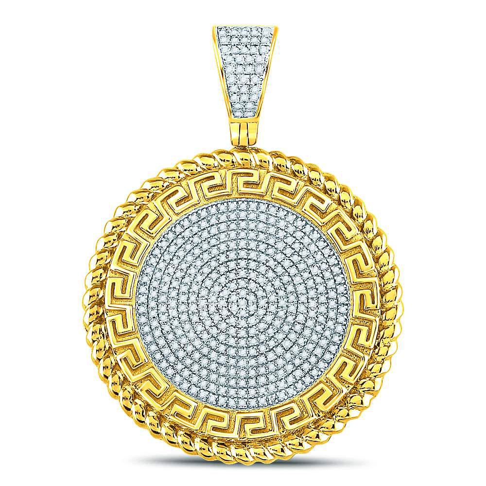 GND Men's Diamond Charm Pendant 10kt Yellow Gold Mens Round Diamond Greek Key Circle Charm Pendant 5/8 Cttw