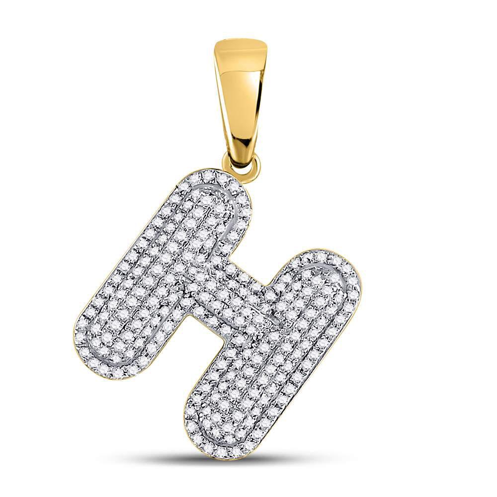 GND Men's Diamond Charm Pendant 10kt Yellow Gold Mens Round Diamond Letter H Bubble Initial Charm Pendant 5/8 Cttw