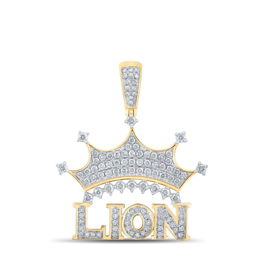 GND Men's Diamond Charm Pendant 10kt Yellow Gold Mens Round Diamond Lion Crown Charm Pendant 7/8 Cttw