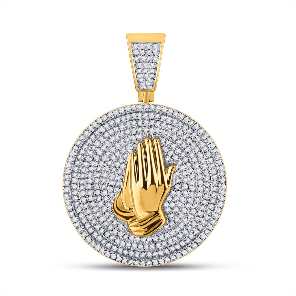 GND Men's Diamond Charm Pendant 10kt Yellow Gold Mens Round Diamond Praying Hands Circle Charm Pendant 1 Cttw