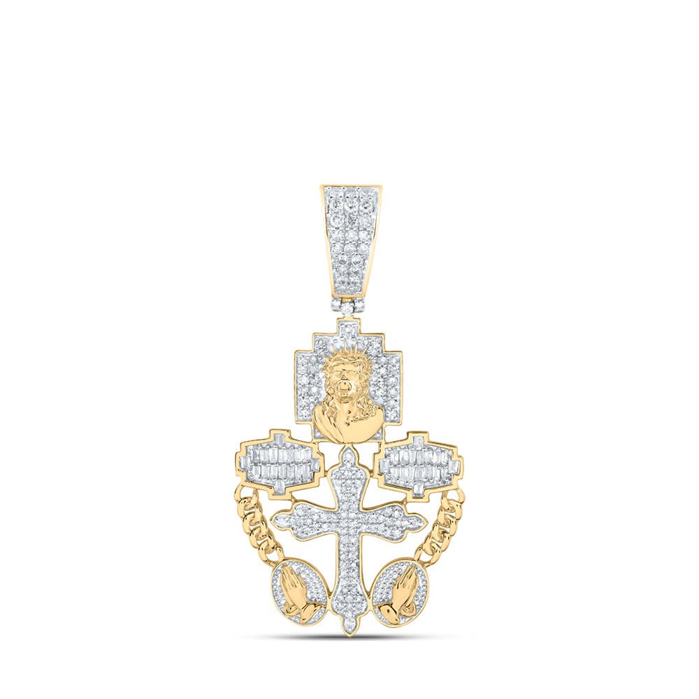 GND Men's Diamond Charm Pendant 10kt Yellow Gold Mens Round Diamond Rosary Jesus Cross Charm Pendant 3/4 Cttw