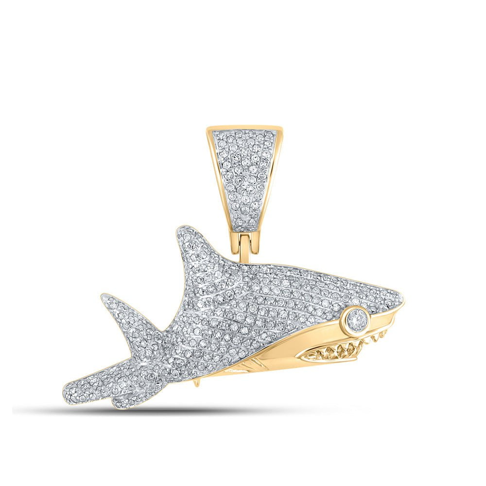 GND Men's Diamond Charm Pendant 10kt Yellow Gold Mens Round Diamond Shark Charm Pendant 1 Cttw