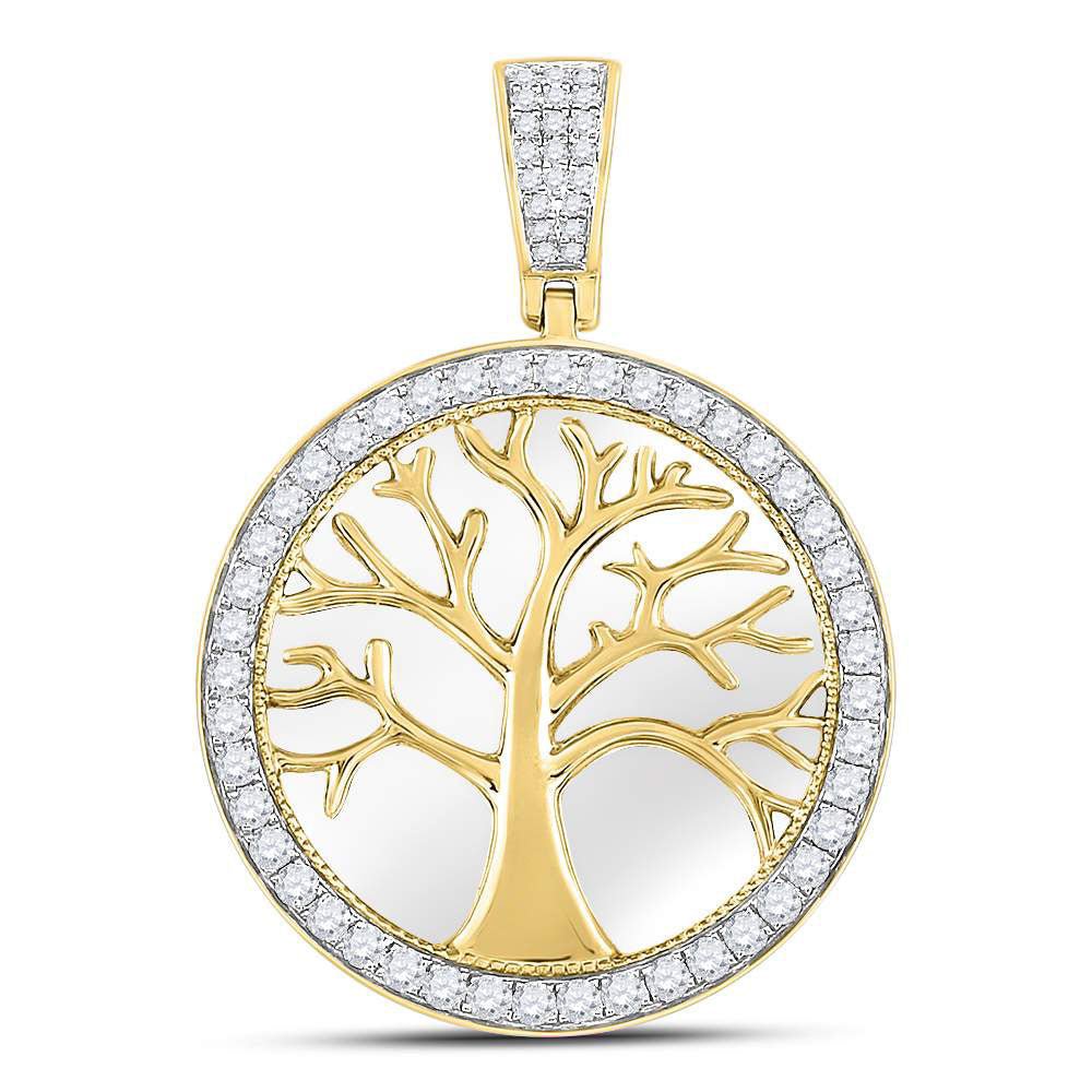 GND Men's Diamond Charm Pendant 10kt Yellow Gold Mens Round Diamond Tree of Life Circle Charm Pendant 3/4 Cttw
