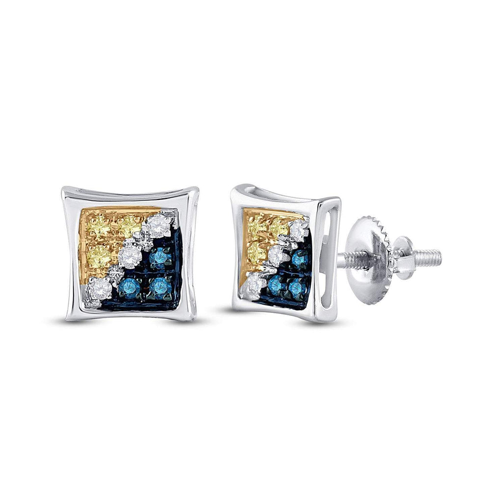 GND Men's Diamond Earrings 10kt White Gold Mens Round Blue Yellow Color Enhanced Diamond Square Kite Earrings 1/20 Cttw