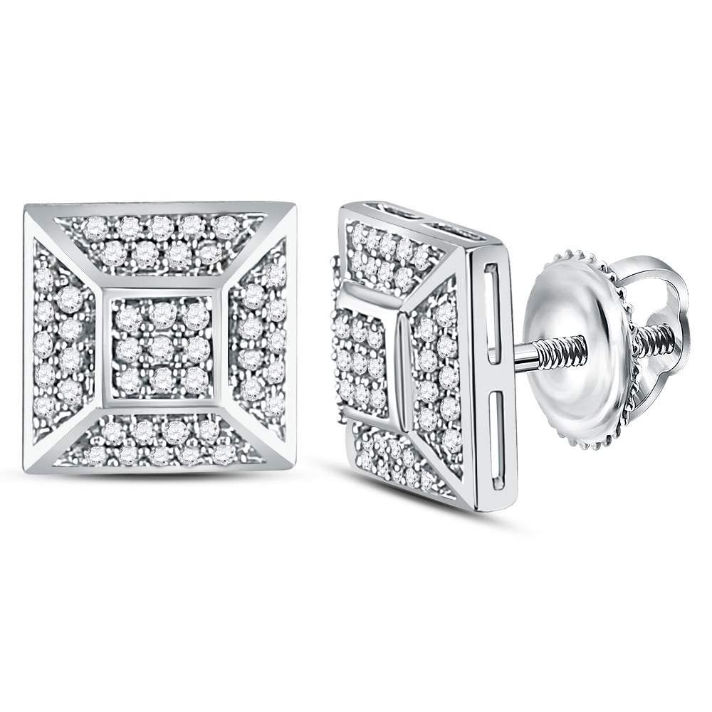 GND Men's Diamond Earrings 10kt White Gold Mens Round Diamond Square Cluster Stud Earrings 1/5 Cttw