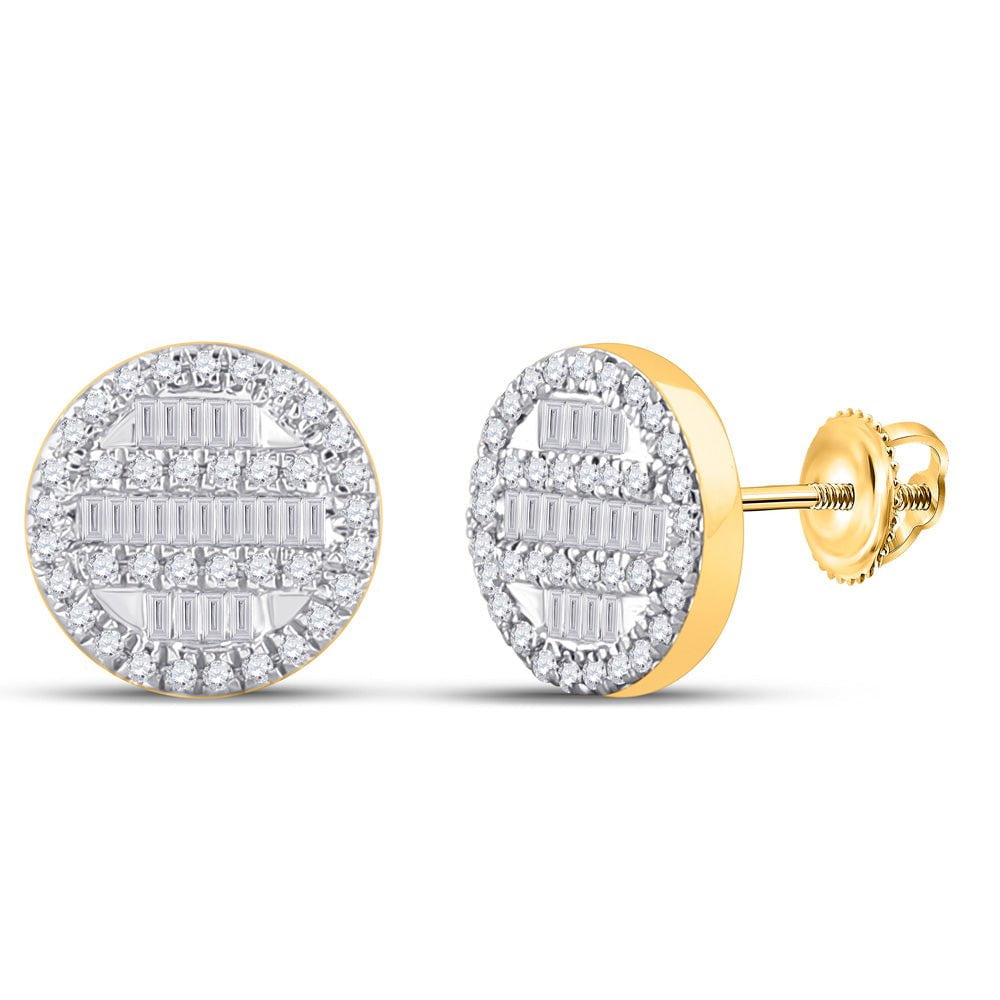 GND Men's Diamond Earrings 10kt Yellow Gold Mens Baguette Diamond Circle Cluster Earrings 1/3 Cttw