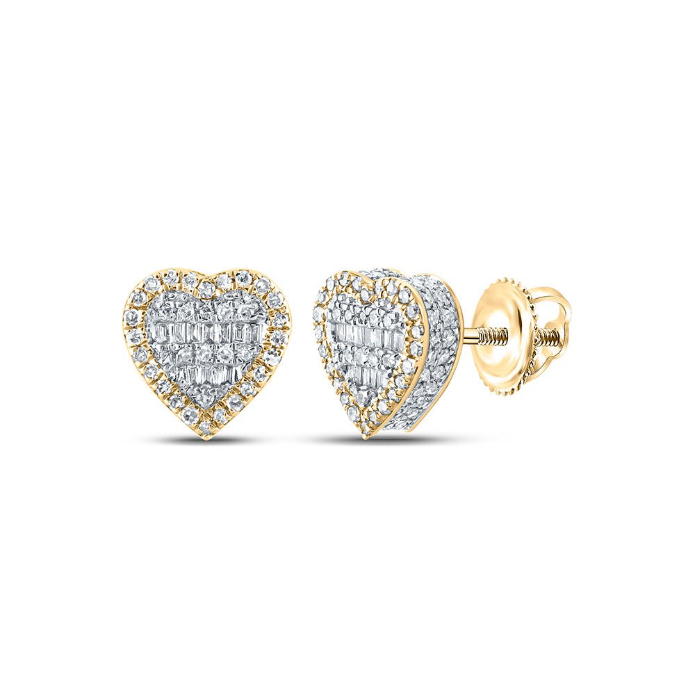 GND Men's Diamond Earrings 10kt Yellow Gold Mens Baguette Diamond Heart Earrings 1/2 Cttw