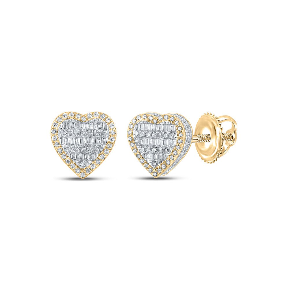 GND Men's Diamond Earrings 10kt Yellow Gold Mens Baguette Diamond Heart Earrings 5/8 Cttw