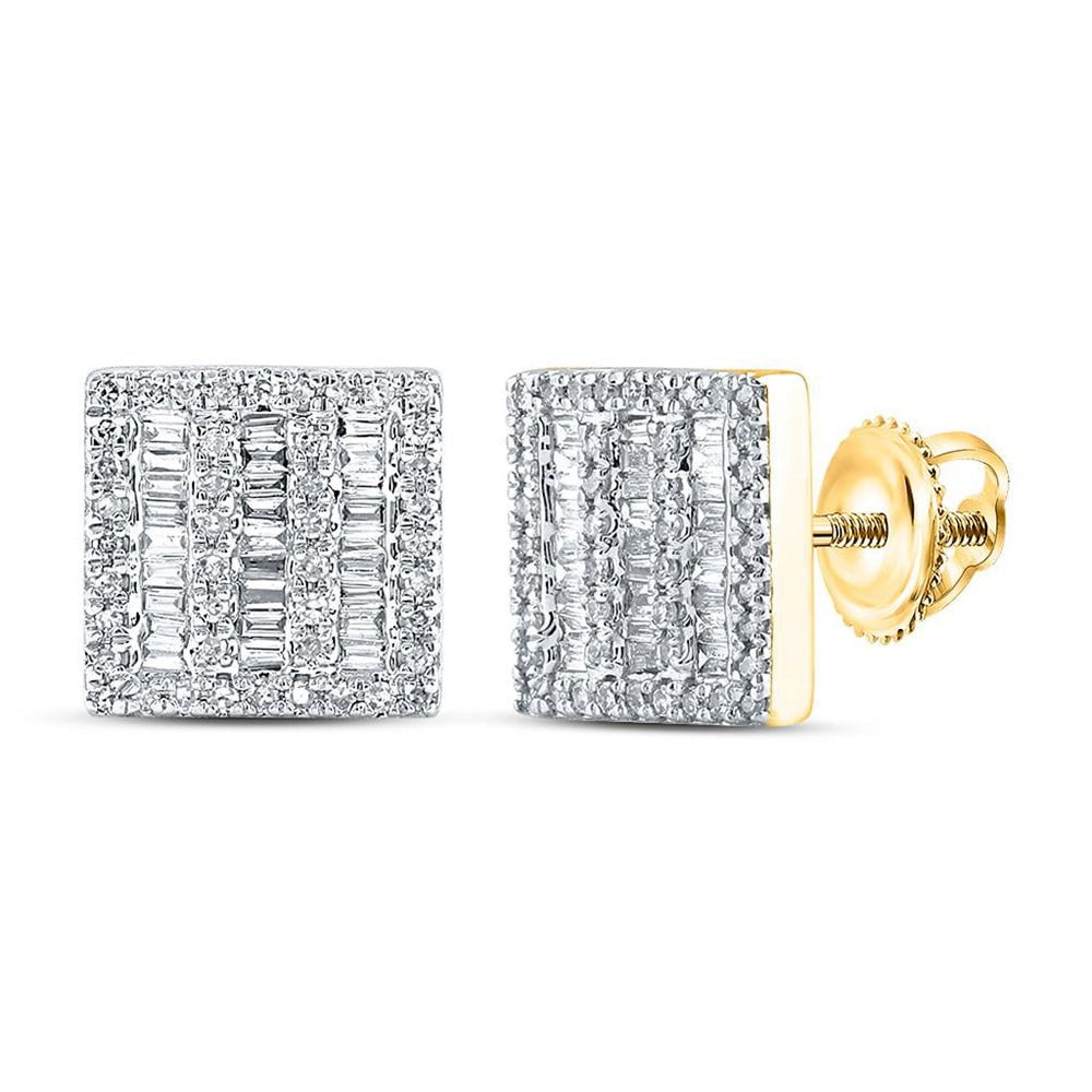GND Men's Diamond Earrings 10kt Yellow Gold Mens Baguette Diamond Square Earrings 1/2 Cttw