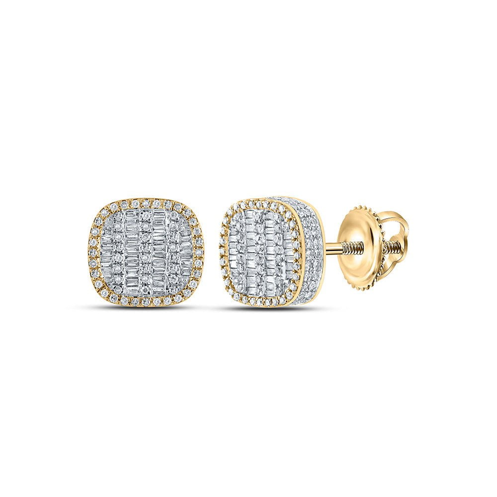 GND Men's Diamond Earrings 10kt Yellow Gold Mens Baguette Diamond Square Earrings 1 Cttw