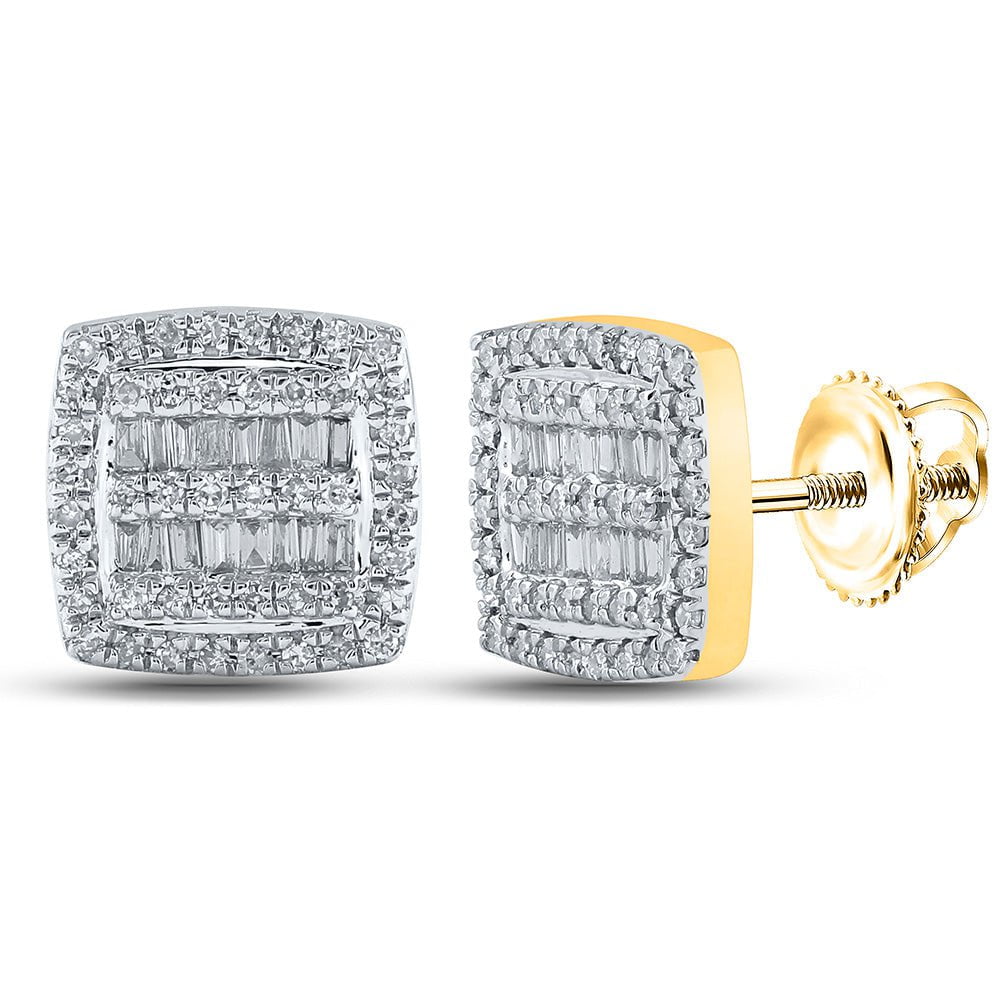 GND Men's Diamond Earrings 10kt Yellow Gold Mens Baguette Diamond Square Earrings 3/8 Cttw