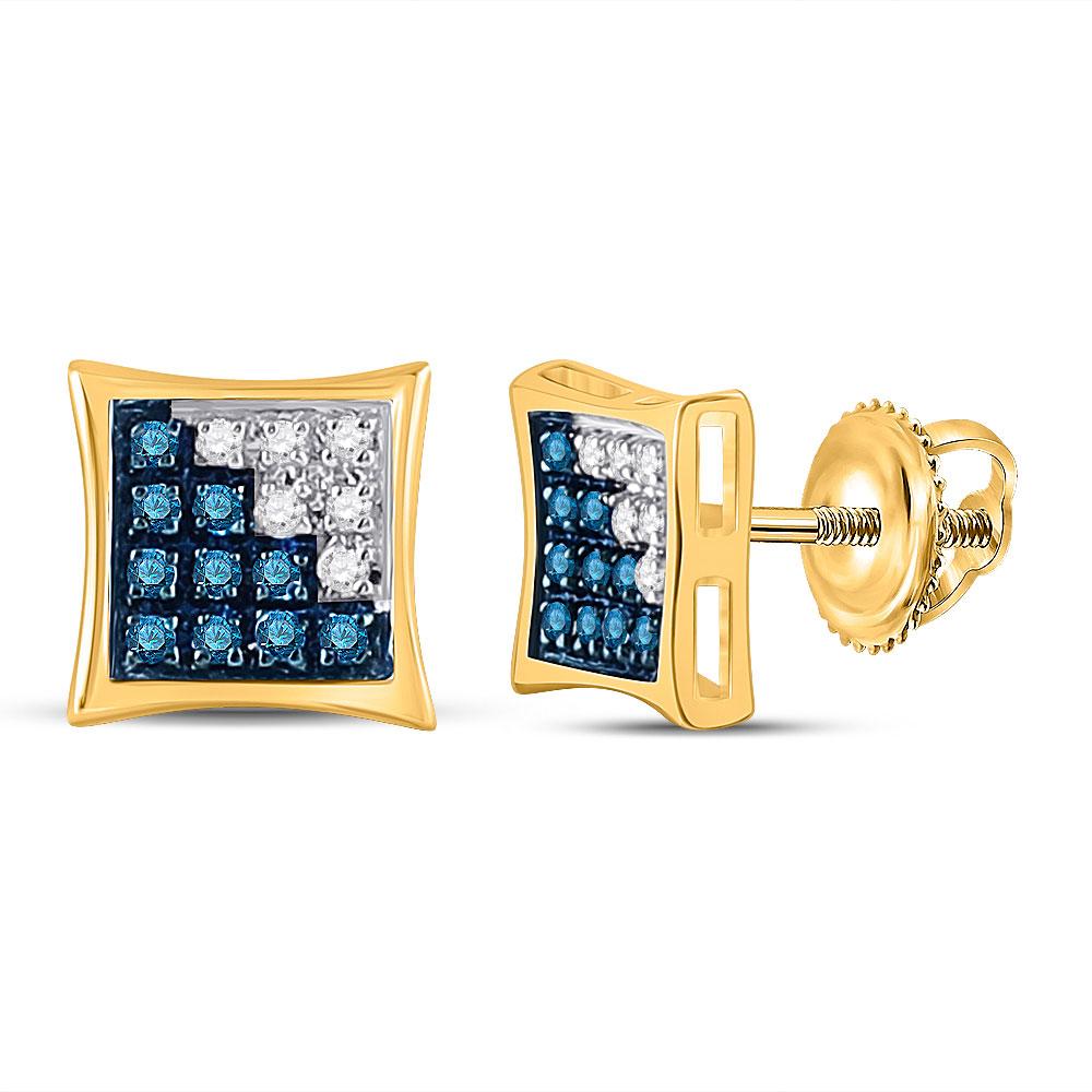 GND Men's Diamond Earrings 10kt Yellow Gold Mens Round Blue Color Enhanced Diamond Square Earrings 1/10 Cttw