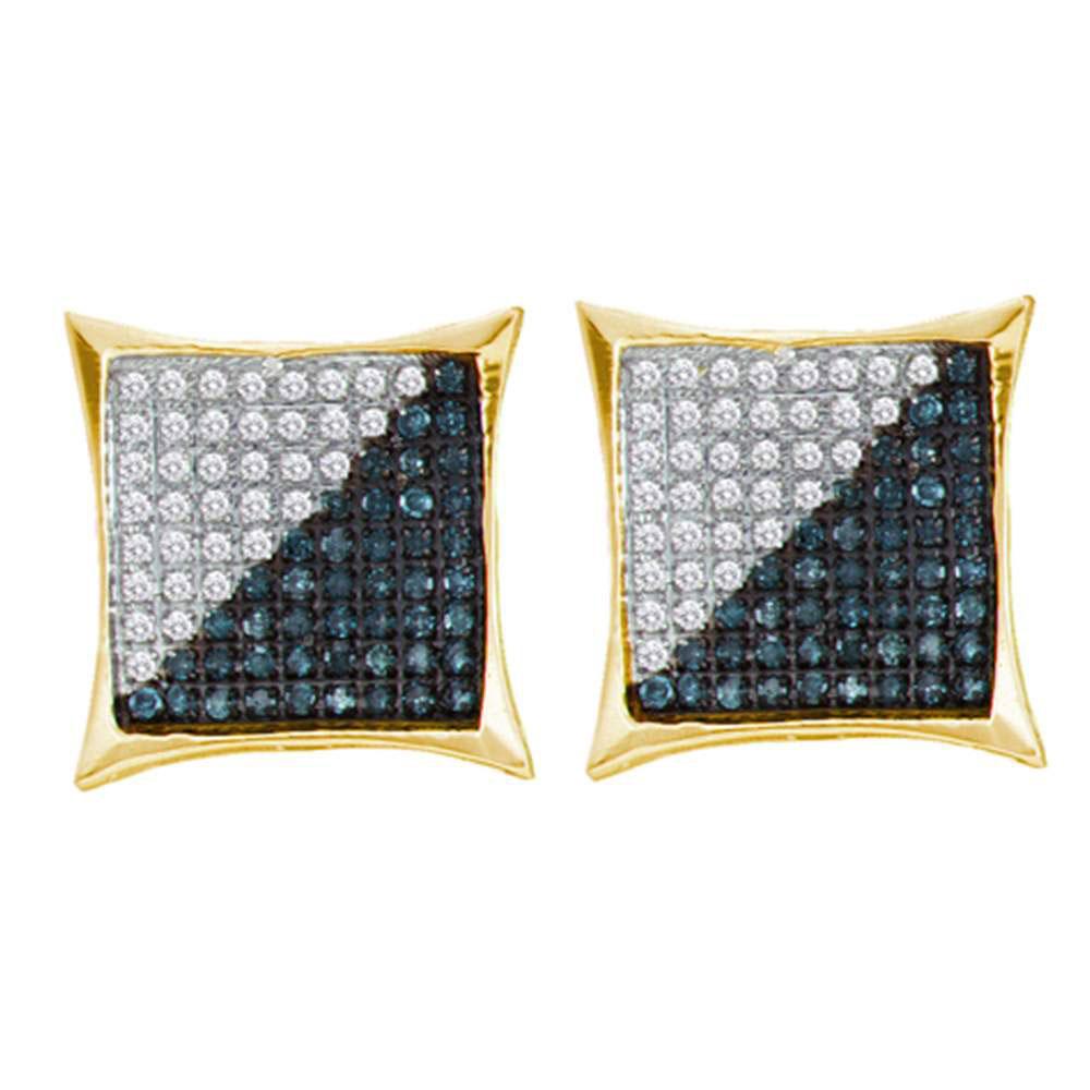 GND Men's Diamond Earrings 10kt Yellow Gold Mens Round Blue Color Enhanced Diamond Square Kite Cluster Earrings 1/3 Cttw
