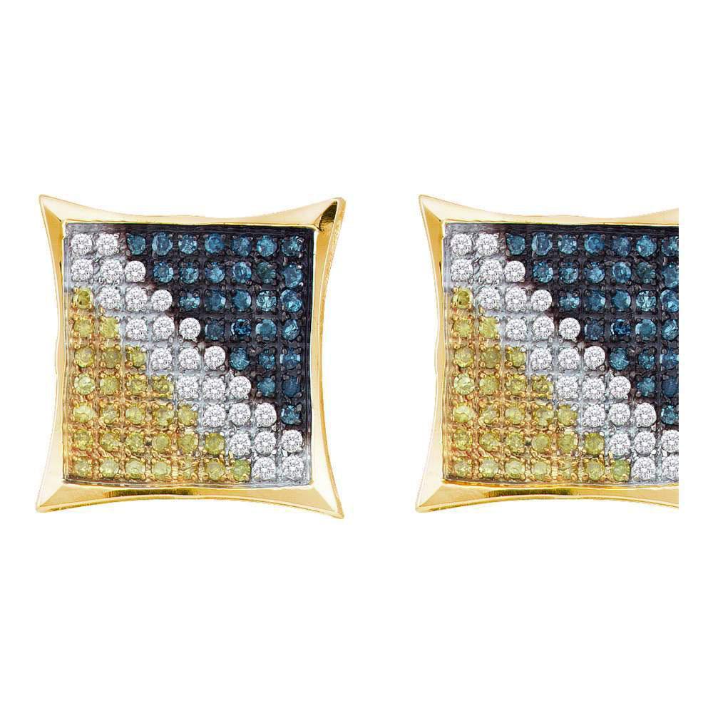 GND Men's Diamond Earrings 10kt Yellow Gold Mens Round Blue Color Enhanced Diamond Square Kite Cluster Earrings 1/4 Cttw