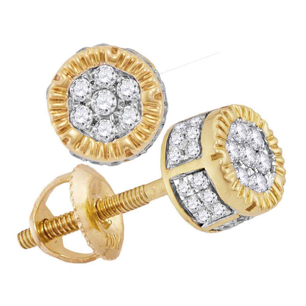 GND Men's Diamond Earrings 10kt Yellow Gold Mens Round Diamond 3D Circle Cluster Stud Earrings 1/4 Cttw