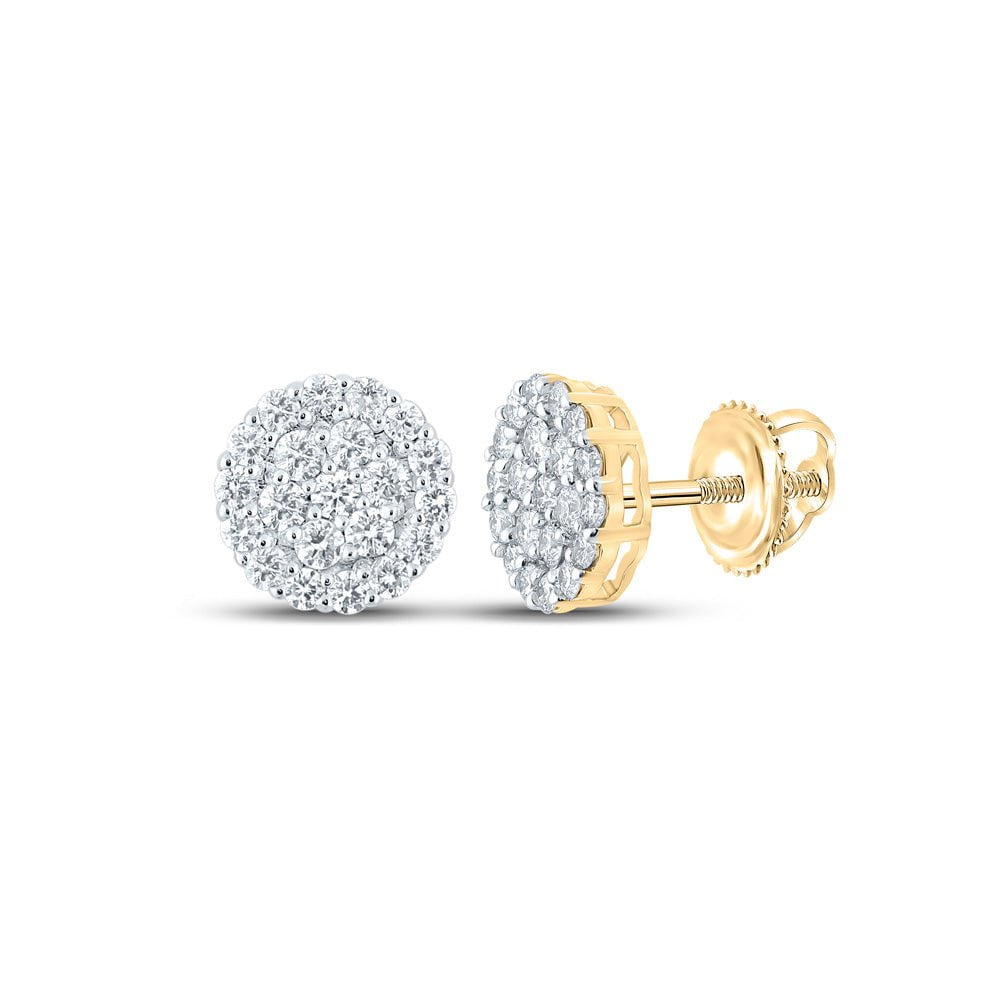 GND Men's Diamond Earrings 10kt Yellow Gold Mens Round Diamond Cluster Earrings 1-7/8 Cttw