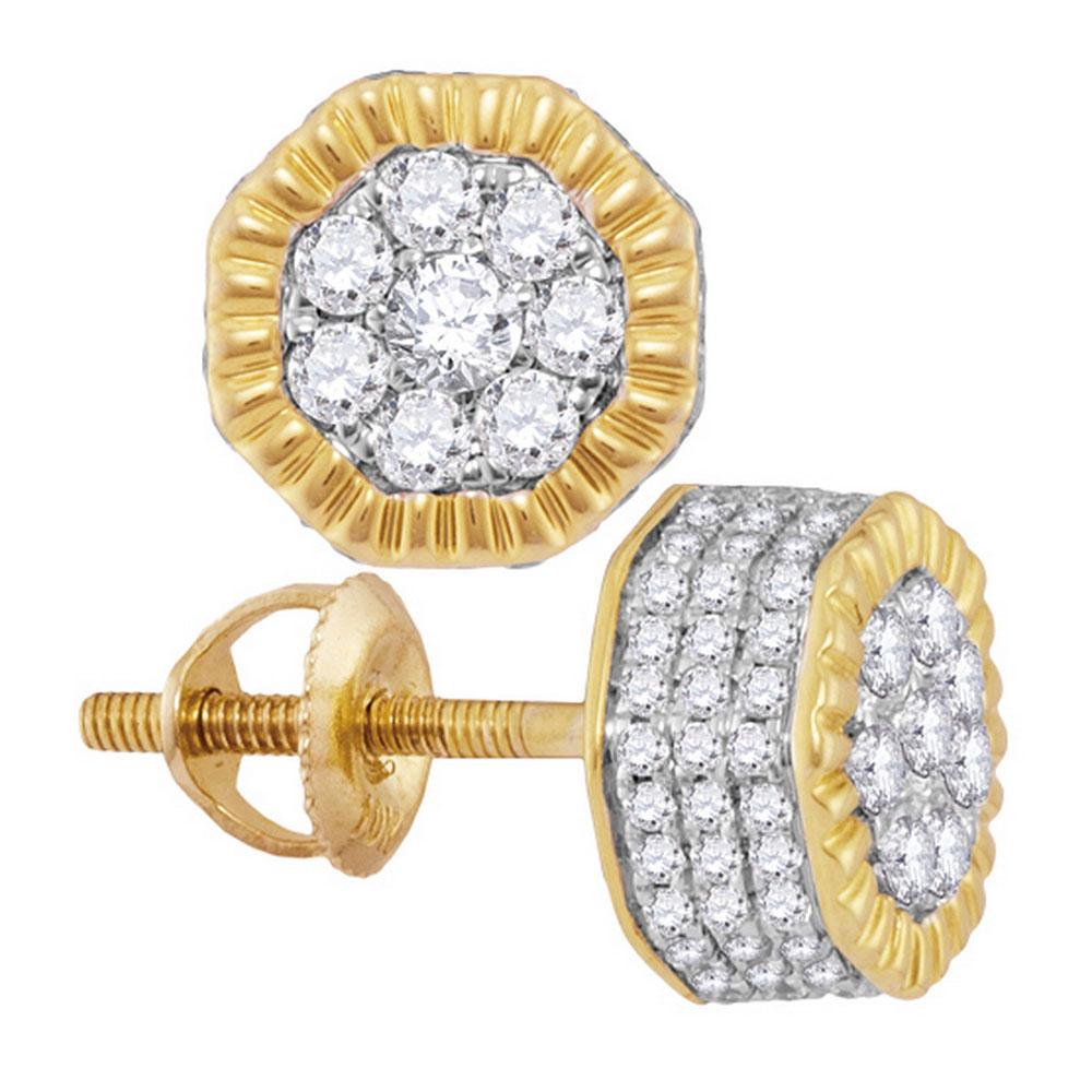 GND Men's Diamond Earrings 10kt Yellow Gold Mens Round Diamond Fluted Hexagon Cluster Stud Earrings 1/2 Cttw