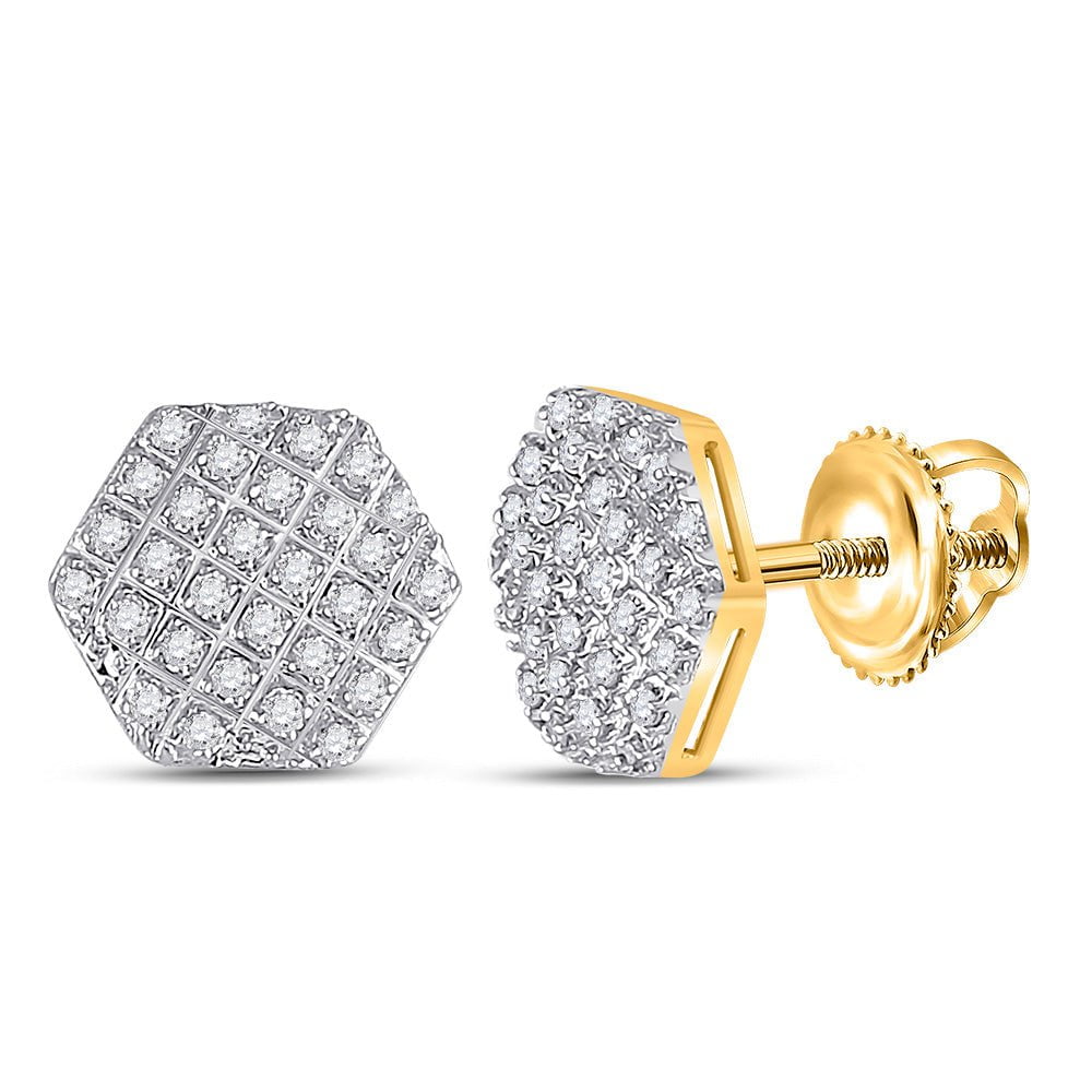 GND Men's Diamond Earrings 10kt Yellow Gold Mens Round Diamond Hexagon Cluster Earrings 1/6 Cttw