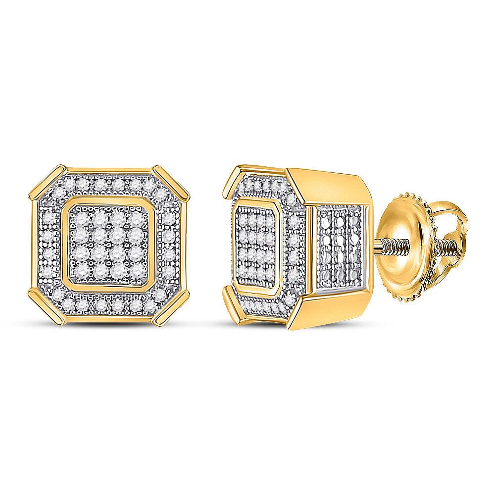 GND Men's Diamond Earrings 10kt Yellow Gold Mens Round Diamond Square Cluster Earrings 1/4 Cttw