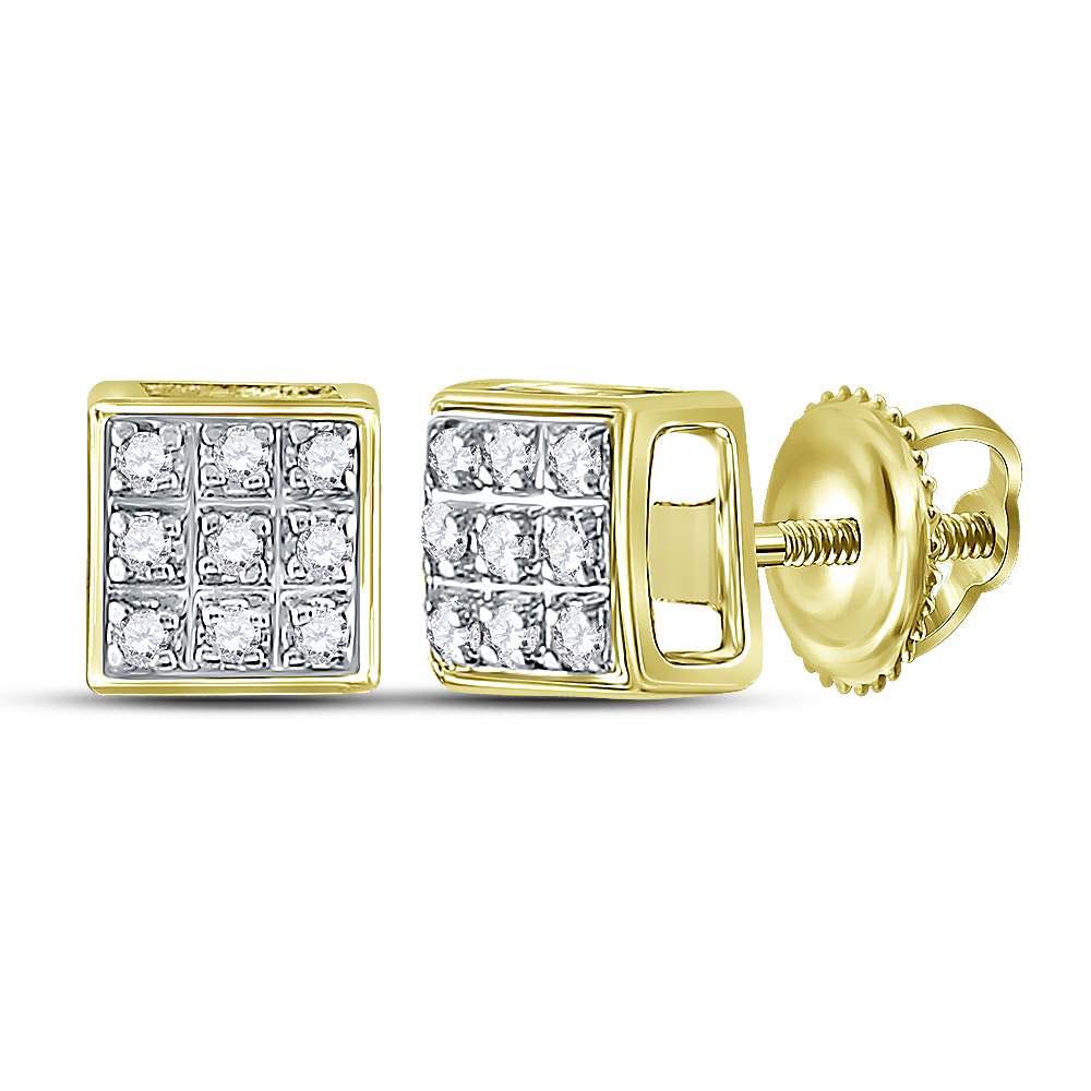 GND Men's Diamond Earrings 10kt Yellow Gold Mens Round Diamond Square Cluster Stud Earrings 1/20 Cttw