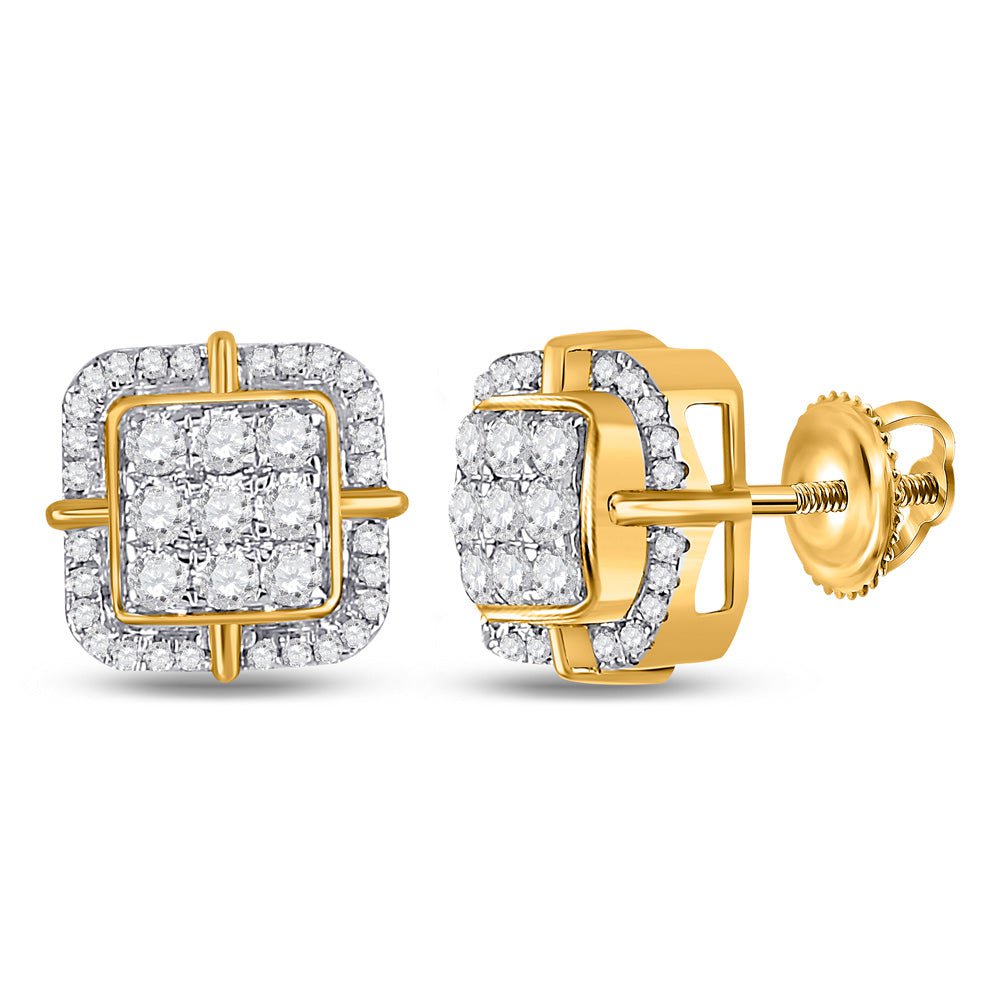 GND Men's Diamond Earrings 10kt Yellow Gold Mens Round Diamond Square Earrings 3/4 Cttw