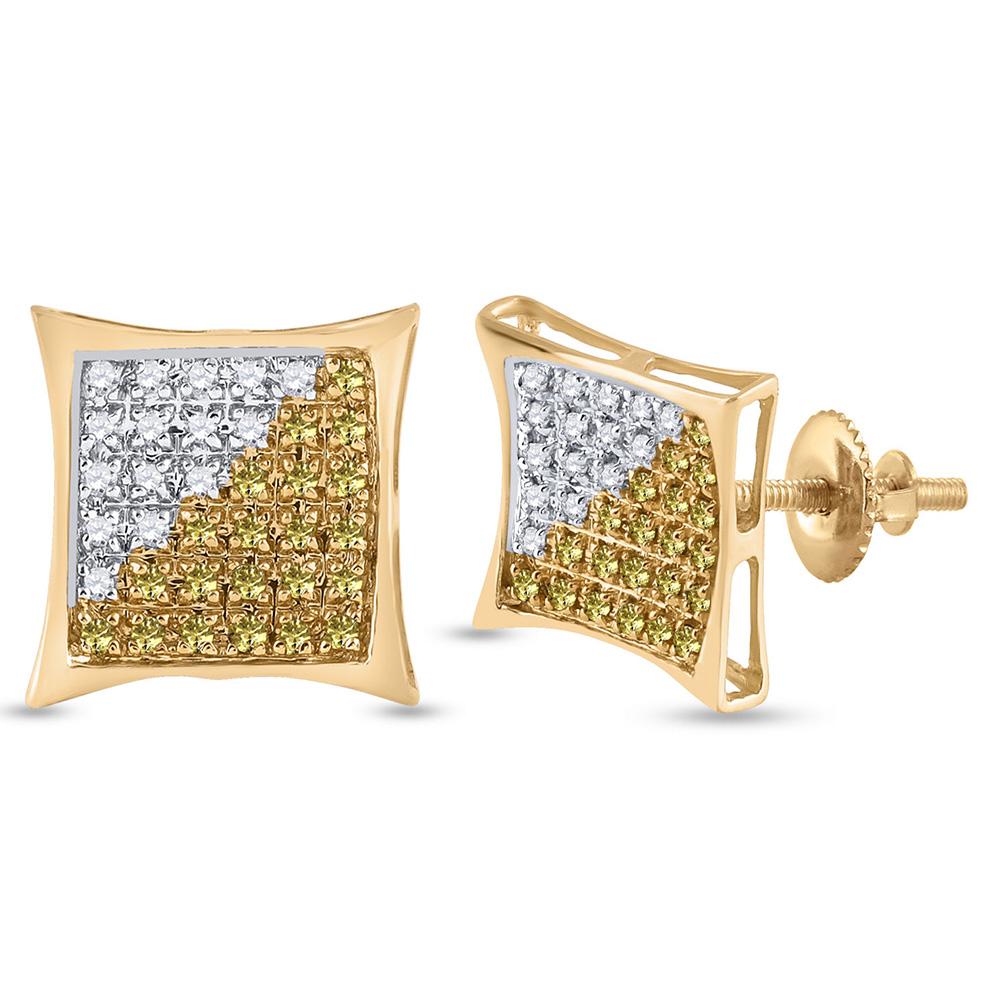 GND Men's Diamond Earrings 10kt Yellow Gold Mens Round Yellow Color Enhanced Diamond Square Cluster Earrings 1/4 Cttw